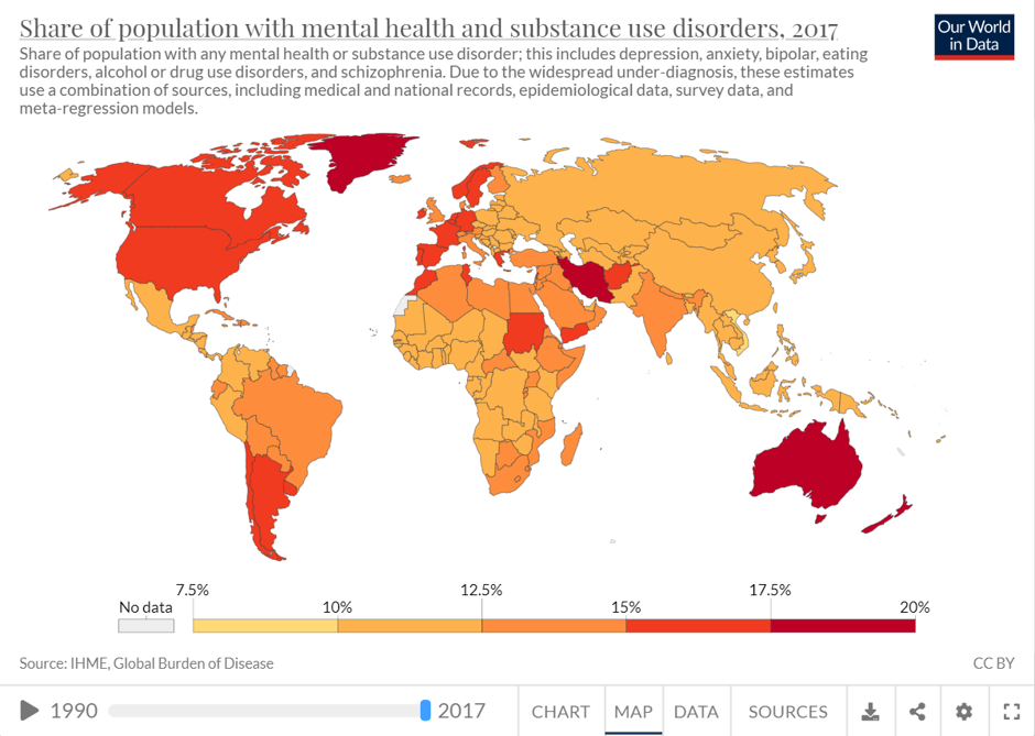 Share of population with mental health and substance use disorders - 2017